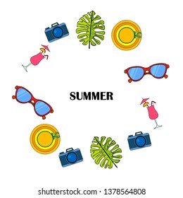Summer postcard design. Sunglasses, camera, cocktail, leaf of a tropical plant, hat. Vector background