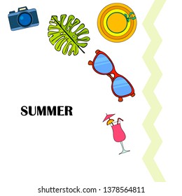Summer postcard design. Sunglasses, camera, cocktail, leaf of a tropical plant, hat. Vector background