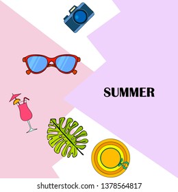 Summer postcard design. Sunglasses, camera, cocktail, leaf of a tropical plant, hat. Vector background