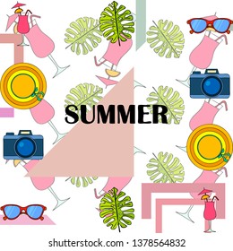 Summer postcard design. Sunglasses, camera, cocktail, leaf of a tropical plant, hat. Vector background