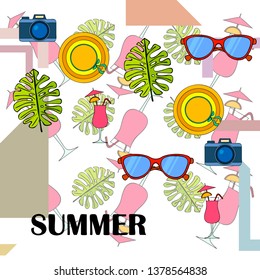 Summer postcard design. Sunglasses, camera, cocktail, leaf of a tropical plant, hat. Vector background