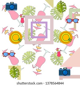 Summer postcard design. Sunglasses, camera, cocktail, leaf of a tropical plant, hat. Vector background