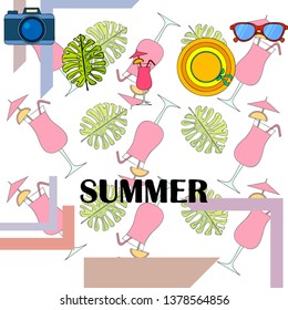 Summer postcard design. Sunglasses, camera, cocktail, leaf of a tropical plant, hat. Vector background