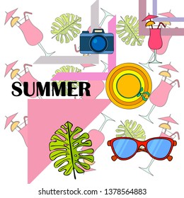 Summer postcard design. Sunglasses, camera, cocktail, leaf of a tropical plant, hat. Vector background