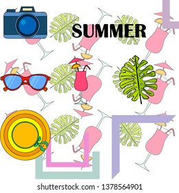 Summer postcard design. Sunglasses, camera, cocktail, leaf of a tropical plant, hat. Vector background
