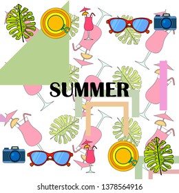 Summer postcard design. Sunglasses, camera, cocktail, leaf of a tropical plant, hat. Vector background