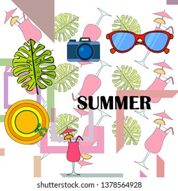 Summer postcard design. Sunglasses, camera, cocktail, leaf of a tropical plant, hat. Vector background