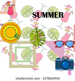 Summer postcard design. Sunglasses, camera, cocktail, leaf of a tropical plant, hat. Vector background