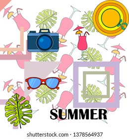 Summer postcard design. Sunglasses, camera, cocktail, leaf of a tropical plant, hat. Vector background