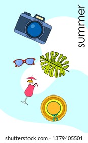 Summer postcard design. Sunglasses, camera, cocktail, leaf of a tropical plant, hat. Vector background