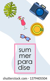 Summer postcard design. Sunglasses, camera, cocktail, leaf of a tropical plant, hat. Vector background