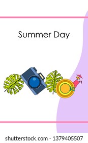 Summer postcard design. Sunglasses, camera, cocktail, leaf of a tropical plant, hat. Vector background