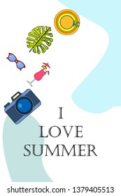 Summer postcard design. Sunglasses, camera, cocktail, leaf of a tropical plant, hat. Vector background