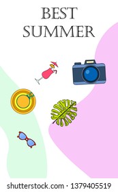Summer postcard design. Sunglasses, camera, cocktail, leaf of a tropical plant, hat. Vector background
