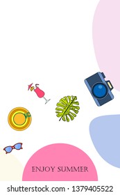 Summer postcard design. Sunglasses, camera, cocktail, leaf of a tropical plant, hat. Vector background