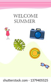 Summer postcard design. Sunglasses, camera, cocktail, leaf of a tropical plant, hat. Vector background