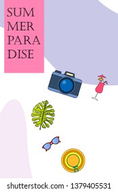 Summer postcard design. Sunglasses, camera, cocktail, leaf of a tropical plant, hat. Vector background