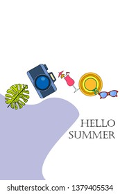 Summer postcard design. Sunglasses, camera, cocktail, leaf of a tropical plant, hat. Vector background
