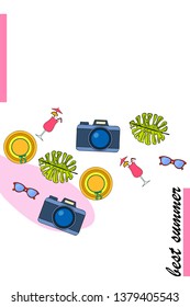 Summer postcard design. Sunglasses, camera, cocktail, leaf of a tropical plant, hat. Vector background
