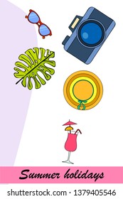 Summer postcard design. Sunglasses, camera, cocktail, leaf of a tropical plant, hat. Vector background