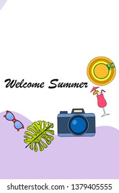 Summer postcard design. Sunglasses, camera, cocktail, leaf of a tropical plant, hat. Vector background