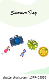Summer postcard design. Sunglasses, camera, cocktail, leaf of a tropical plant, hat. Vector background