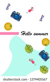 Summer postcard design. Sunglasses, camera, cocktail, leaf of a tropical plant, hat. Vector background