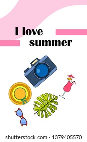 Summer postcard design. Sunglasses, camera, cocktail, leaf of a tropical plant, hat. Vector background