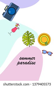 Summer postcard design. Sunglasses, camera, cocktail, leaf of a tropical plant, hat. Vector background