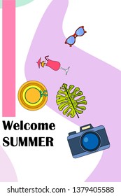 Summer postcard design. Sunglasses, camera, cocktail, leaf of a tropical plant, hat. Vector background