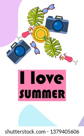 Summer postcard design. Sunglasses, camera, cocktail, leaf of a tropical plant, hat. Vector background