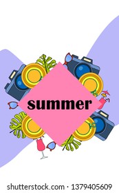 Summer postcard design. Sunglasses, camera, cocktail, leaf of a tropical plant, hat. Vector background