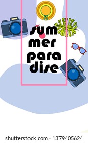 Summer postcard design. Sunglasses, camera, cocktail, leaf of a tropical plant, hat. Vector background