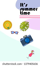 Summer postcard design. Sunglasses, camera, cocktail, leaf of a tropical plant, hat. Vector background