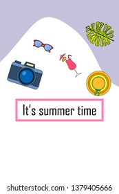 Summer postcard design. Sunglasses, camera, cocktail, leaf of a tropical plant, hat. Vector background