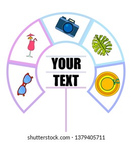 Summer postcard design. Sunglasses, camera, cocktail, leaf of a tropical plant, hat. Vector background