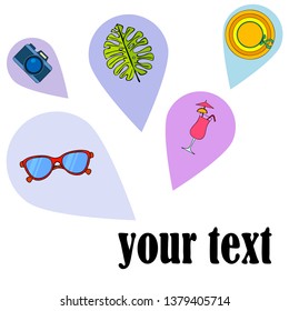 Summer postcard design. Sunglasses, camera, cocktail, leaf of a tropical plant, hat. Vector background