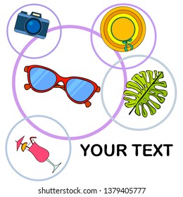 Summer postcard design. Sunglasses, camera, cocktail, leaf of a tropical plant, hat. Vector background
