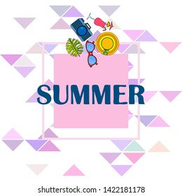 Summer postcard design. Sunglasses, camera, cocktail, leaf of a tropical plant, hat. Vector background.