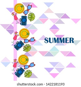Summer postcard design. Sunglasses, camera, cocktail, leaf of a tropical plant, hat. Vector background.
