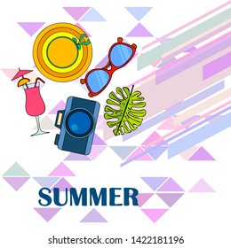 Summer postcard design. Sunglasses, camera, cocktail, leaf of a tropical plant, hat. Vector background.