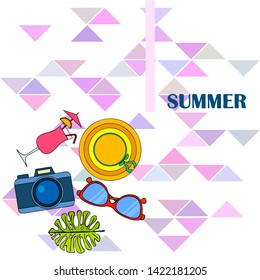 Summer postcard design. Sunglasses, camera, cocktail, leaf of a tropical plant, hat. Vector background.