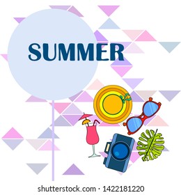 Summer postcard design. Sunglasses, camera, cocktail, leaf of a tropical plant, hat. Vector background.