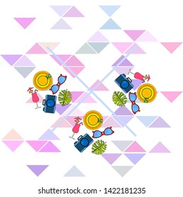 Summer postcard design. Sunglasses, camera, cocktail, leaf of a tropical plant, hat. Vector background.