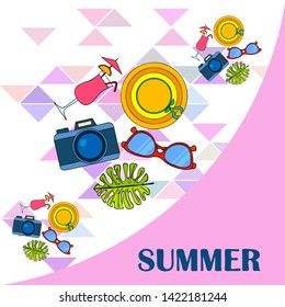 Summer postcard design. Sunglasses, camera, cocktail, leaf of a tropical plant, hat. Vector background.