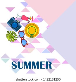 Summer postcard design. Sunglasses, camera, cocktail, leaf of a tropical plant, hat. Vector background.