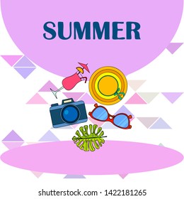 Summer postcard design. Sunglasses, camera, cocktail, leaf of a tropical plant, hat. Vector background.