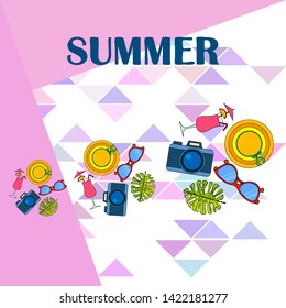 Summer postcard design. Sunglasses, camera, cocktail, leaf of a tropical plant, hat. Vector background.