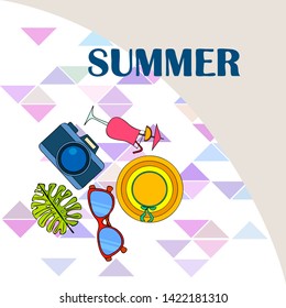 Summer postcard design. Sunglasses, camera, cocktail, leaf of a tropical plant, hat. Vector background.