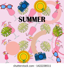 Summer postcard design. Sunglasses, camera, cocktail, leaf of a tropical plant, hat. Vector background